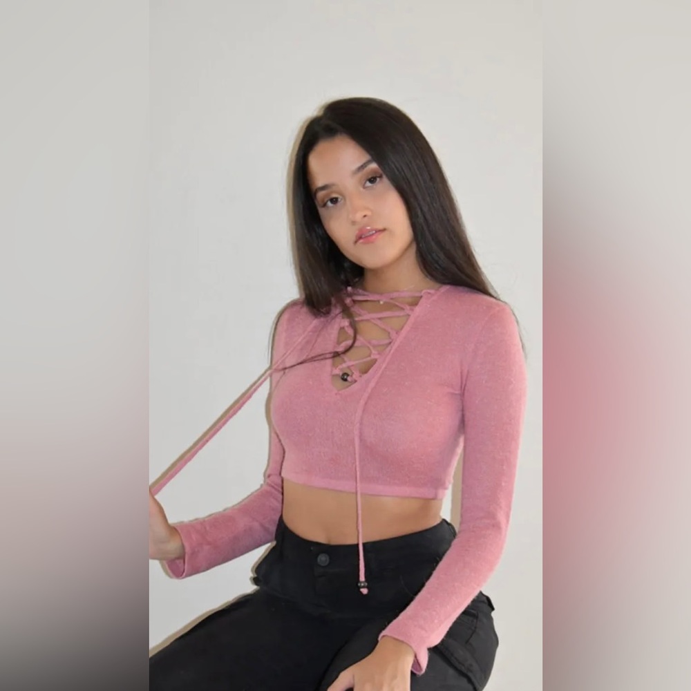Rose Pink Fuzzy Cropped Sweater with Lacing Detailing on the Front